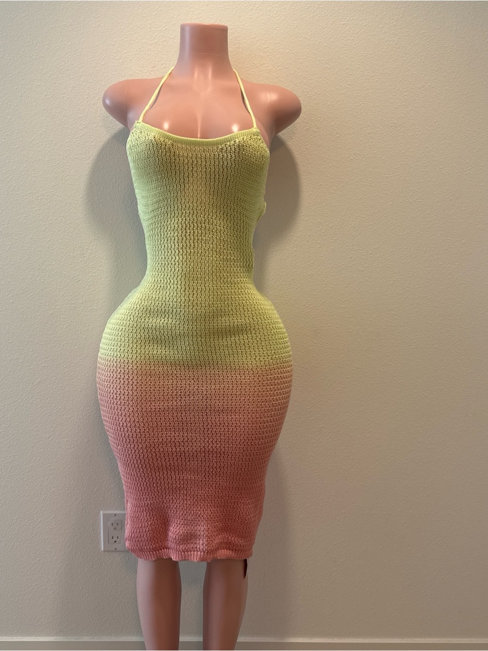 Handmade Gradient Crochet Halter Bodycon Dress - Yellow to Peach